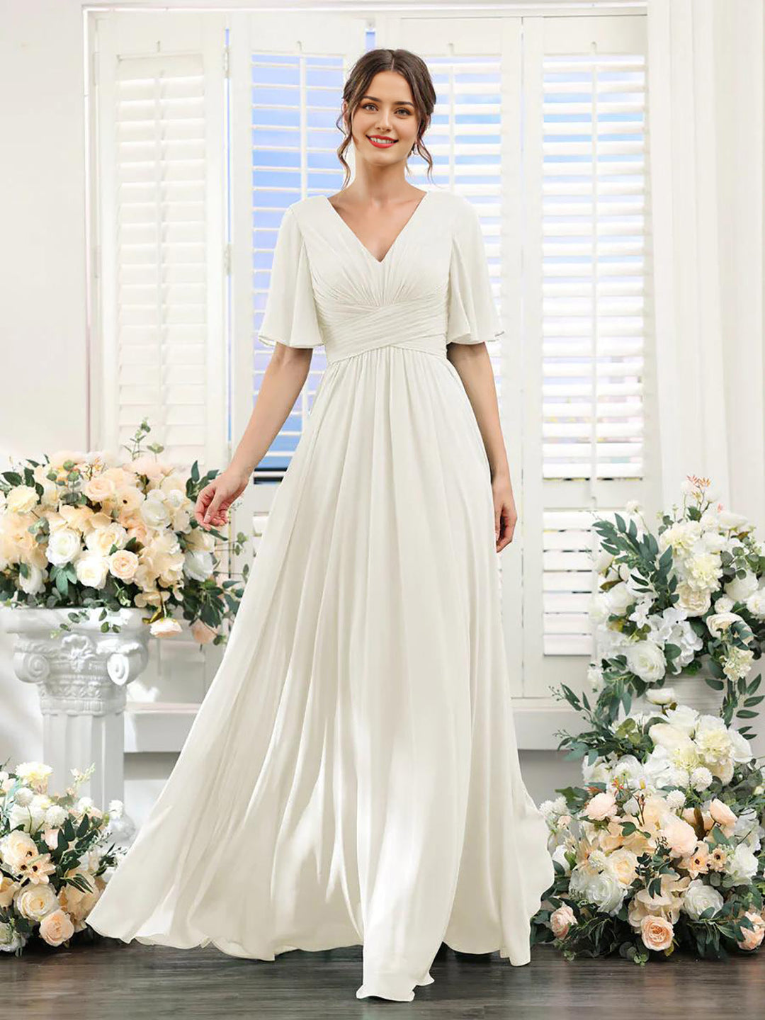 Women’s Dress – Flowing A-Line Fit – V-Neck – Full Length – Chiffon