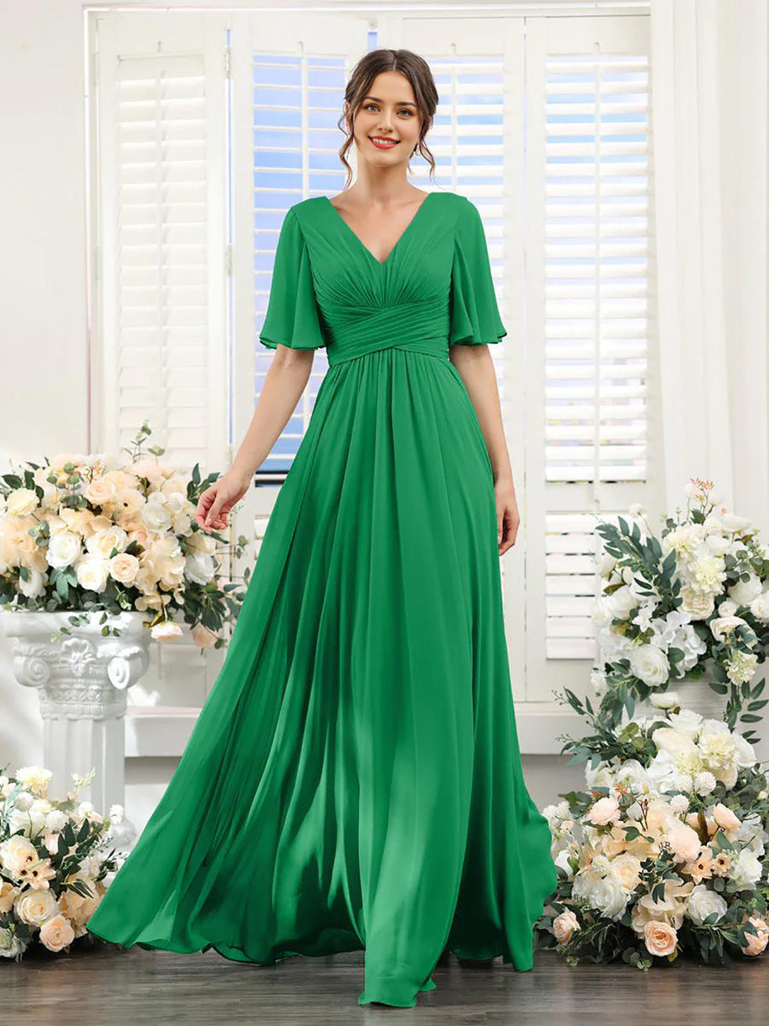 Women’s Dress – Flowing A-Line Fit – V-Neck – Full Length – Chiffon