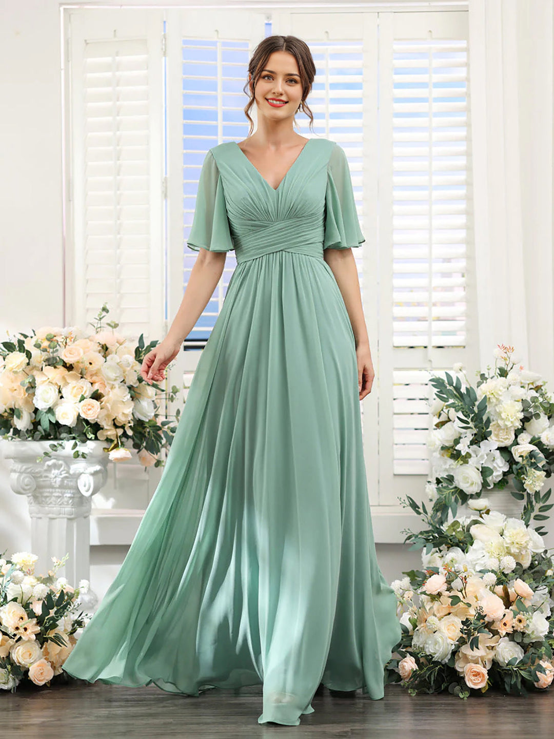 Women’s Dress – Flowing A-Line Fit – V-Neck – Full Length – Chiffon