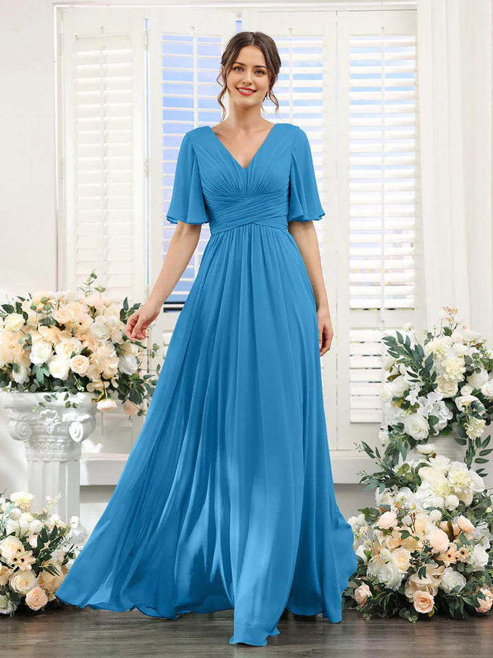 Women’s Dress – Flowing A-Line Fit – V-Neck – Full Length – Chiffon
