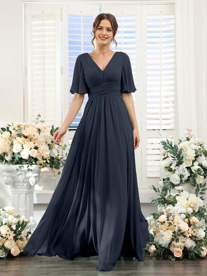 Women’s Dress – Flowing A-Line Fit – V-Neck – Full Length – Chiffon