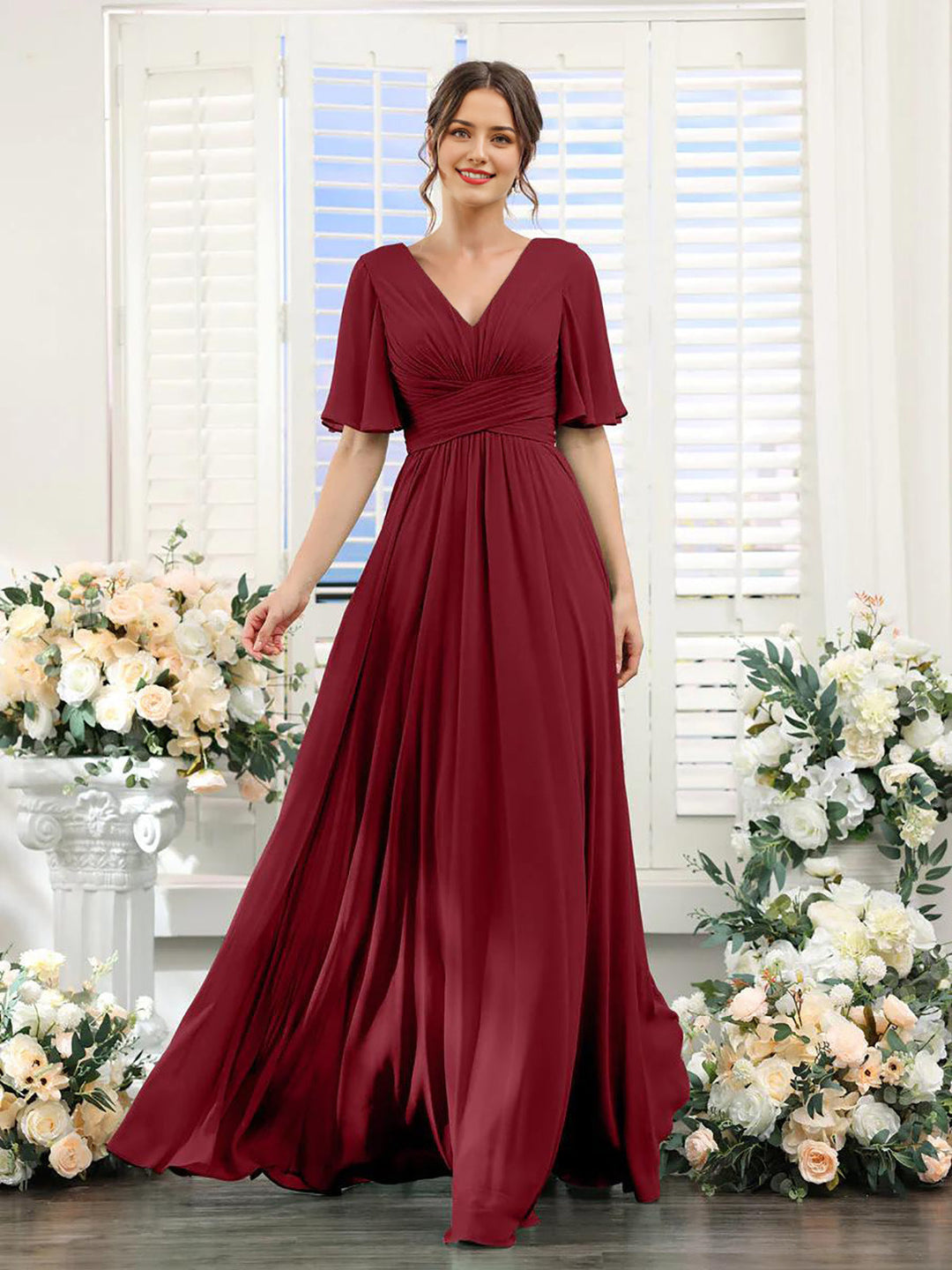 Women’s Dress – Flowing A-Line Fit – V-Neck – Full Length – Chiffon