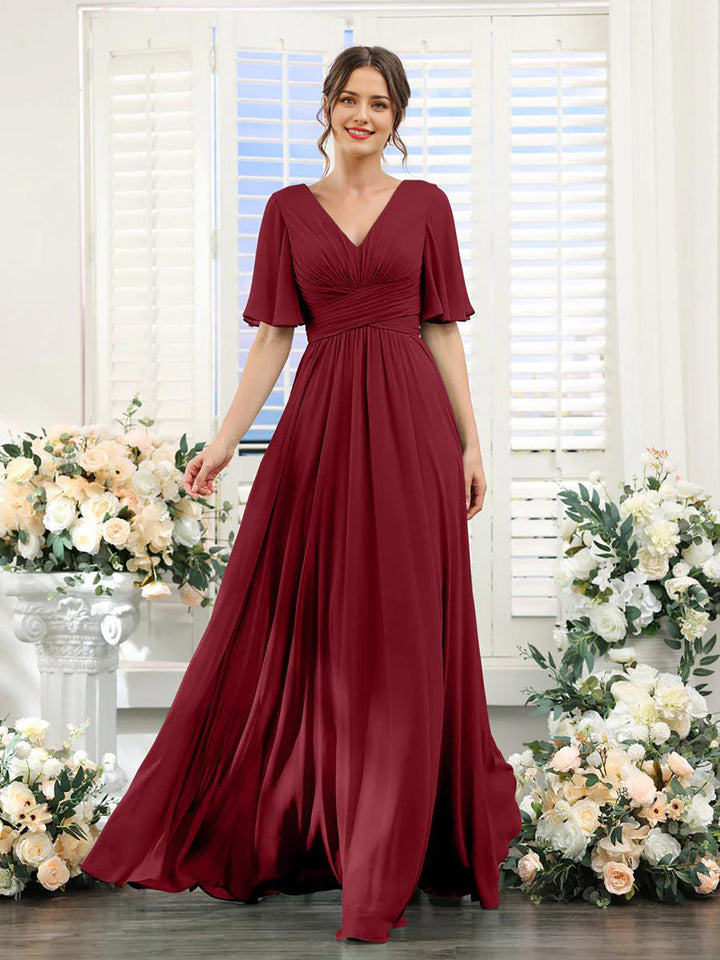 Women’s Dress – Flowing A-Line Fit – V-Neck – Full Length – Chiffon