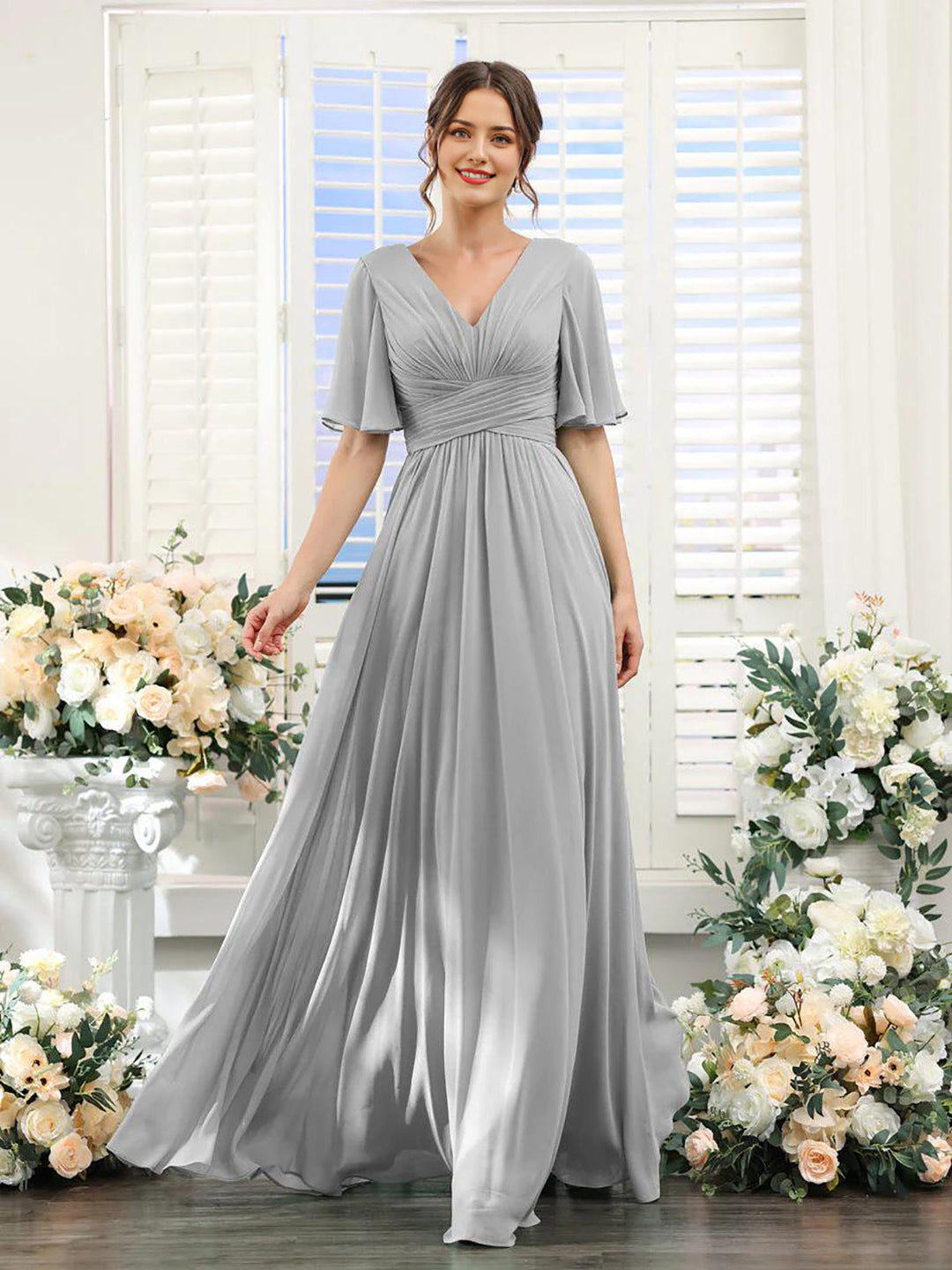 Women’s Dress – Flowing A-Line Fit – V-Neck – Full Length – Chiffon