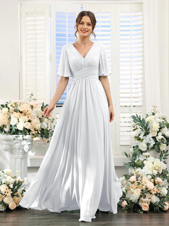 Women’s Dress – Flowing A-Line Fit – V-Neck – Full Length – Chiffon