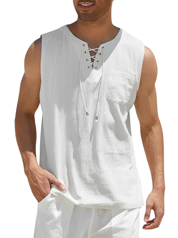 Men’s Tank Top – Relaxed Fit – Lace-Up Front – Chest Pocket – Breathable Blend