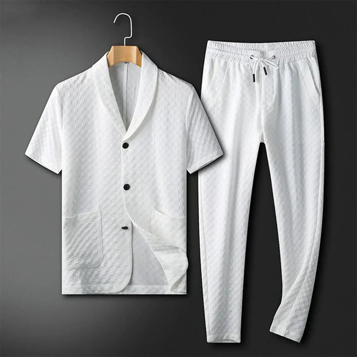 Men’s Lounge Set – Relaxed Fit – Breathable Blend – Short Sleeve Shirt with Drawstring Pants