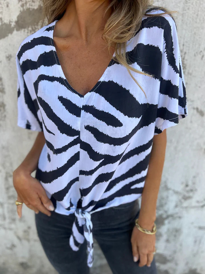 Women’s Blouse - Relaxed Fit - V-Neck - Tie-Front Detail - Short Sleeve - Breathable Blend