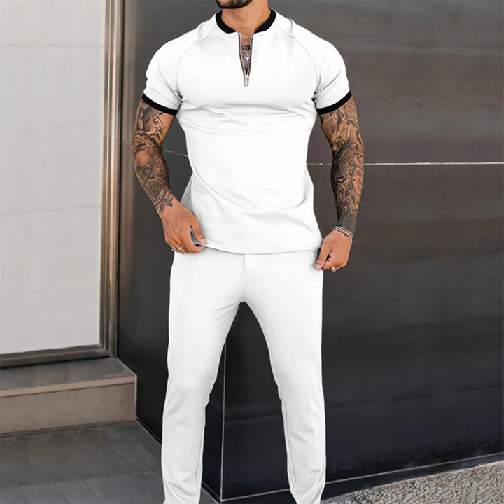 Men’s Two-Piece Set – Slim Fit – Breathable Blend – Short Sleeve with Zip Collar