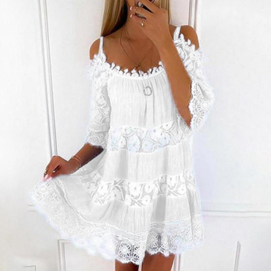 Women’s Off-Shoulder Dress – Flowy Fit – Lace Detailing – Breathable Blend Fabric