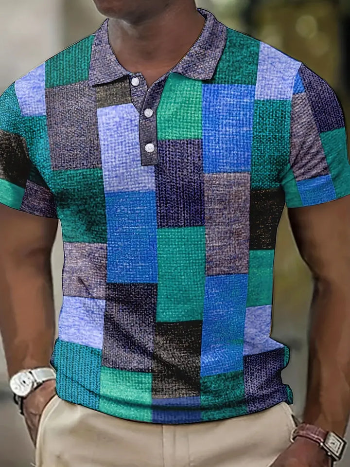 Men’s Polo Shirt - Patchwork Design - Short Sleeve - Classic Collar Casual Wear