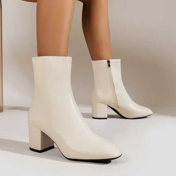 Women’s Ankle Boots – Sleek Fit – Pointed Toe – Block Heel – Side Zip – Polished Finish