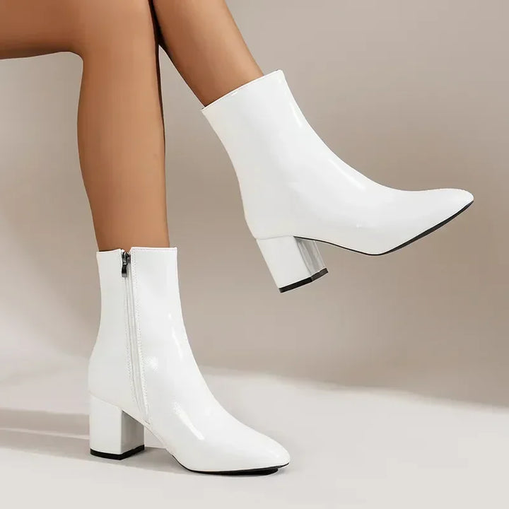 Women’s Ankle Boots – Sleek Fit – Pointed Toe – Block Heel – Side Zip – Polished Finish