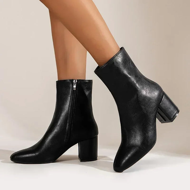 Women’s Ankle Boots – Sleek Fit – Pointed Toe – Block Heel – Side Zip – Polished Finish