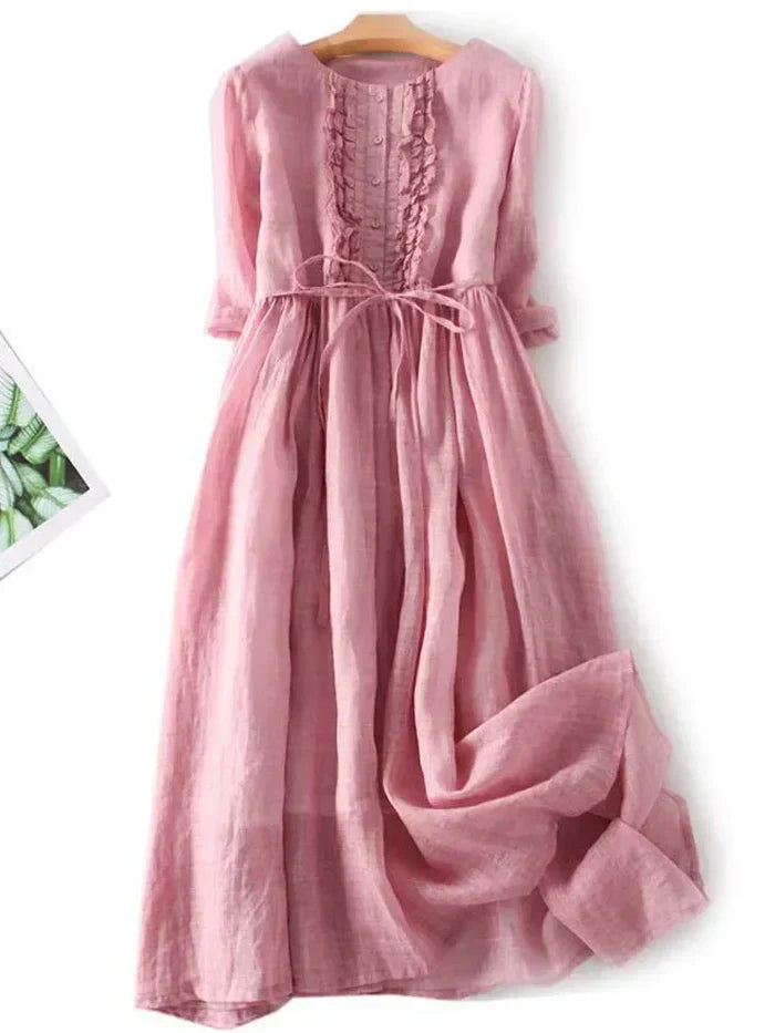 Women’s Midi Dress - Linen - Relaxed Fit - Button Front - Ruffle Detail - Belted Waist