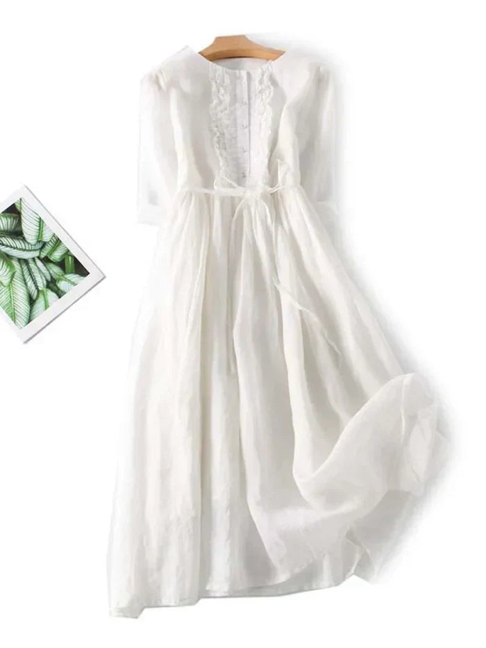 Women’s Midi Dress - Linen - Relaxed Fit - Button Front - Ruffle Detail - Belted Waist