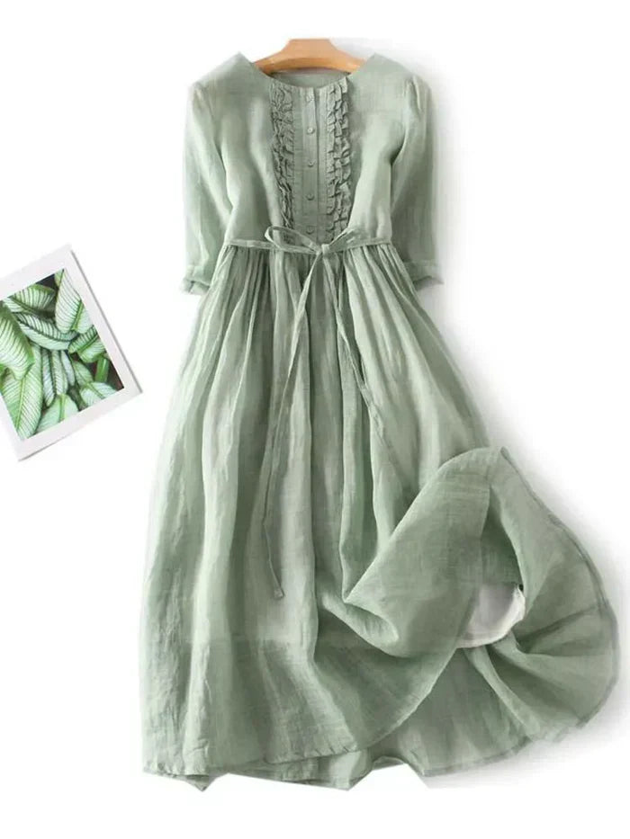 Women’s Midi Dress - Linen - Relaxed Fit - Button Front - Ruffle Detail - Belted Waist