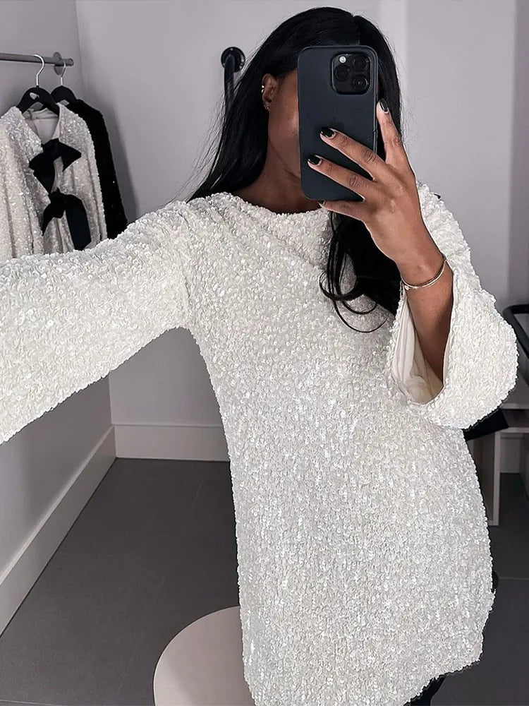 Women’s Mini Dress – Sequin – Oversized Fit – Long Sleeve – High Neck Party Wear