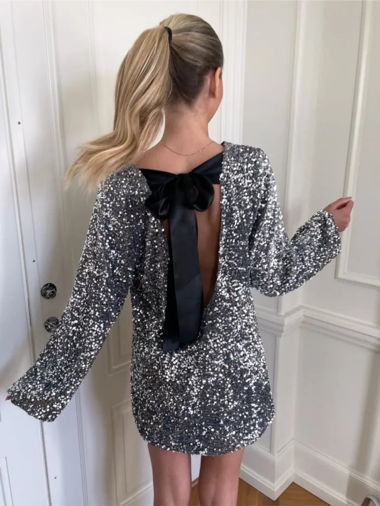 Women’s Mini Dress – Sequin – Oversized Fit – Long Sleeve – High Neck Party Wear