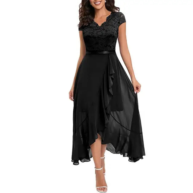 Women’s A-Line Dress – Lace Bodice – High-Low Hem – Ruffle Detail – Elegant Fit