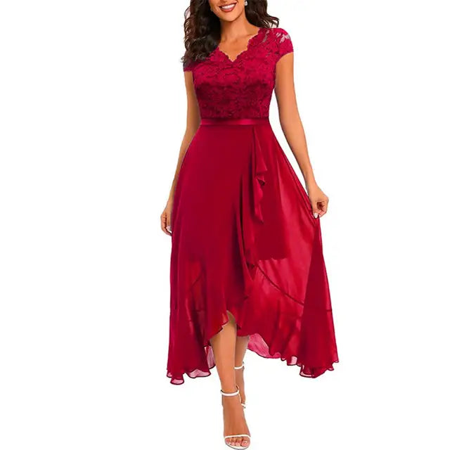 Women’s A-Line Dress – Lace Bodice – High-Low Hem – Ruffle Detail – Elegant Fit