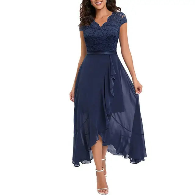 Women’s A-Line Dress – Lace Bodice – High-Low Hem – Ruffle Detail – Elegant Fit