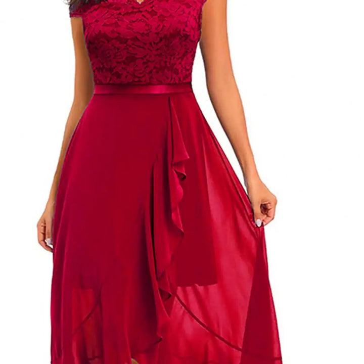 Women’s A-Line Dress – Lace Bodice – High-Low Hem – Ruffle Detail – Elegant Fit