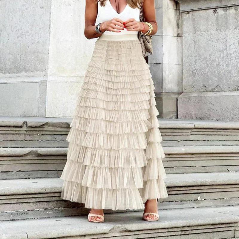 Women’s Maxi Skirt – Tiered Ruffle Design – Flowy Silhouette – Elegant Lightweight Fabric