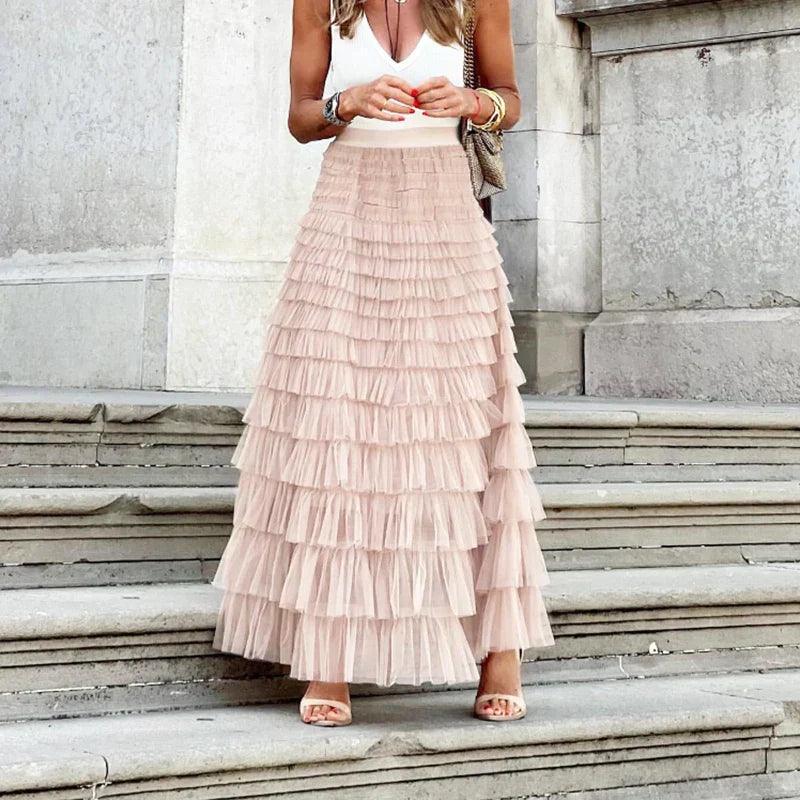 Women’s Maxi Skirt – Tiered Ruffle Design – Flowy Silhouette – Elegant Lightweight Fabric