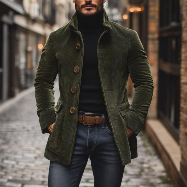 Men’s Corduroy Jacket – Tailored Fit – High Collar – Textured Ribbed Design – Button Front