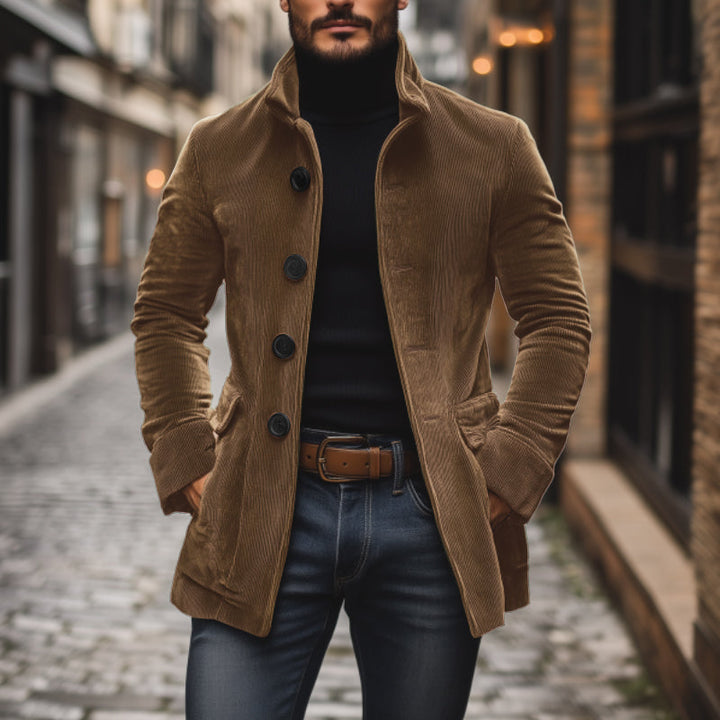 Men’s Corduroy Jacket – Tailored Fit – High Collar – Textured Ribbed Design – Button Front