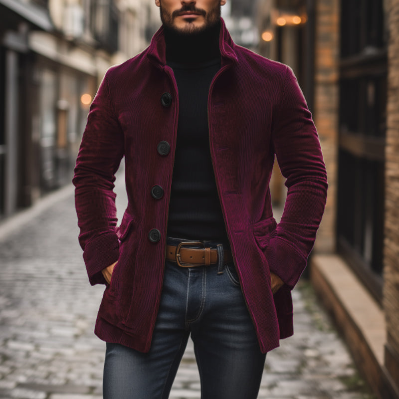 Men’s Corduroy Jacket – Tailored Fit – High Collar – Textured Ribbed Design – Button Front