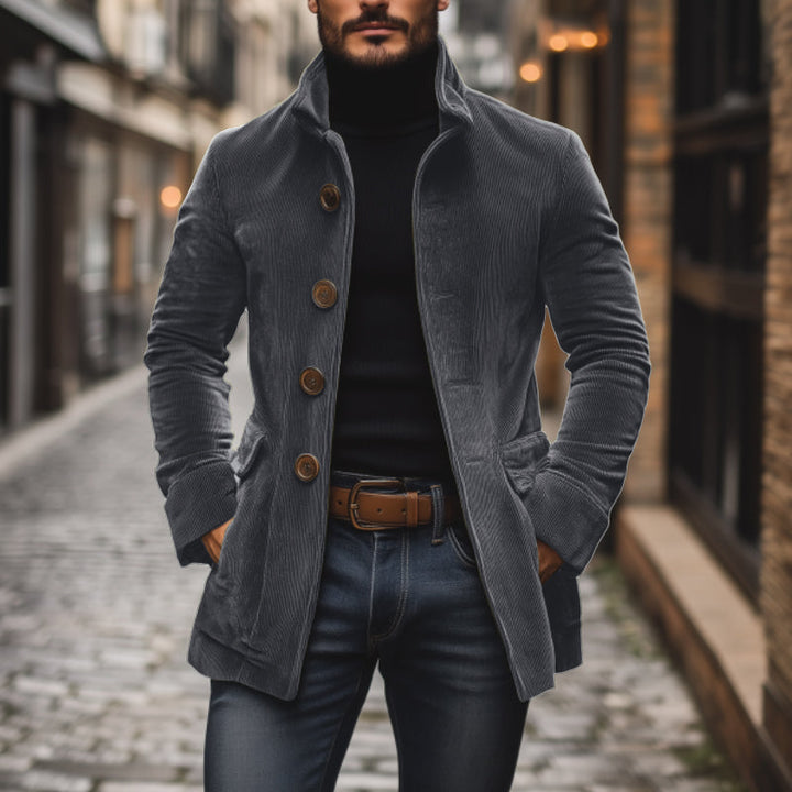 Men’s Corduroy Jacket – Tailored Fit – High Collar – Textured Ribbed Design – Button Front