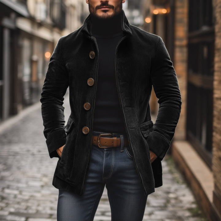 Men’s Corduroy Jacket – Tailored Fit – High Collar – Textured Ribbed Design – Button Front