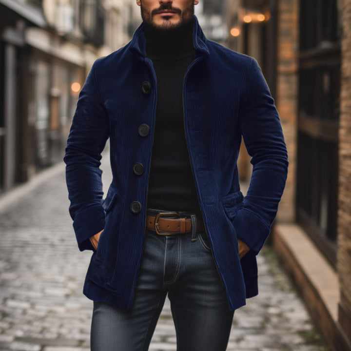 Men’s Corduroy Jacket – Tailored Fit – High Collar – Textured Ribbed Design – Button Front