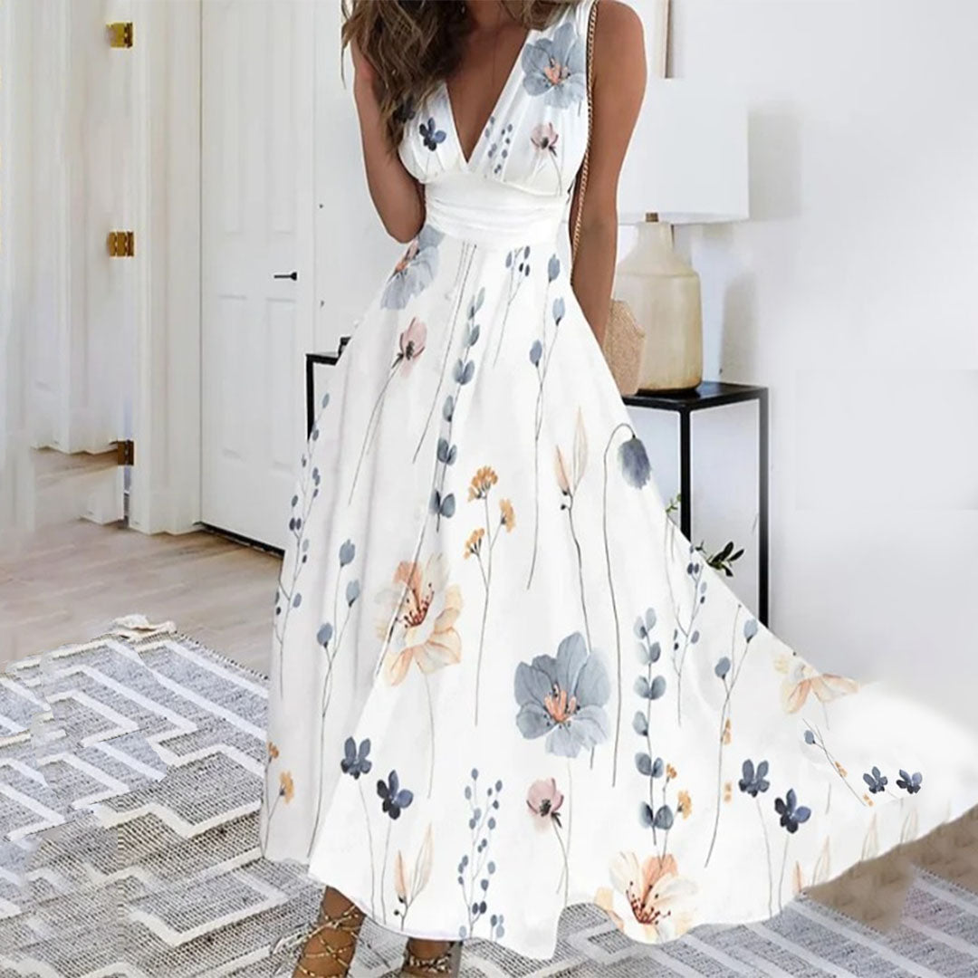 Women’s Maxi Dress – Deep V-Neck – Sleeveless – Floral Print – Relaxed Fit – Breathable Blend