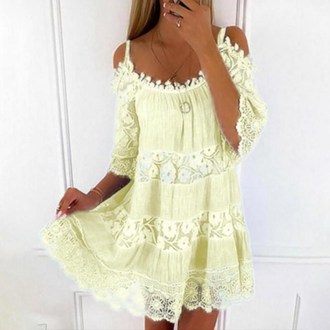 Women’s Off-Shoulder Dress – Flowy Fit – Lace Detailing – Breathable Blend Fabric