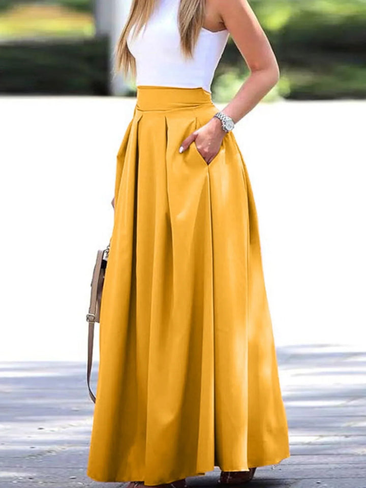 Women's Maxi Skirt - High Waist - Pleated Flowing Design - Elegant & Chic with Pockets