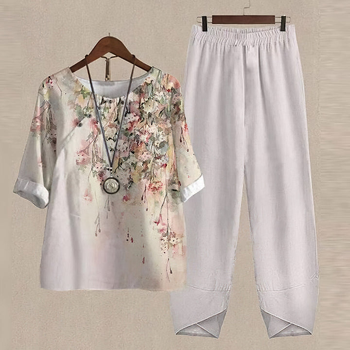 Women’s Two-Piece Set – Relaxed Fit – Breathable Blend – Short Sleeve Top & Wide-Leg Pants