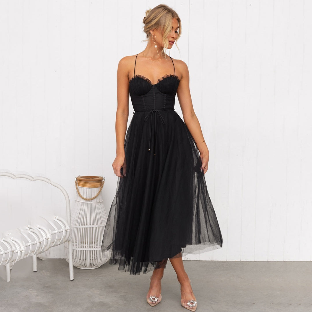 Women’s Midi Dress - Fitted Bodice - A-Line Silhouette - Sheer Overlay