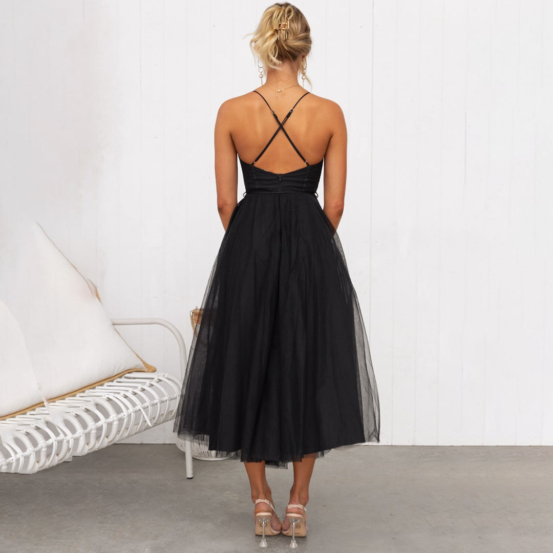 Women’s Midi Dress - Fitted Bodice - A-Line Silhouette - Sheer Overlay
