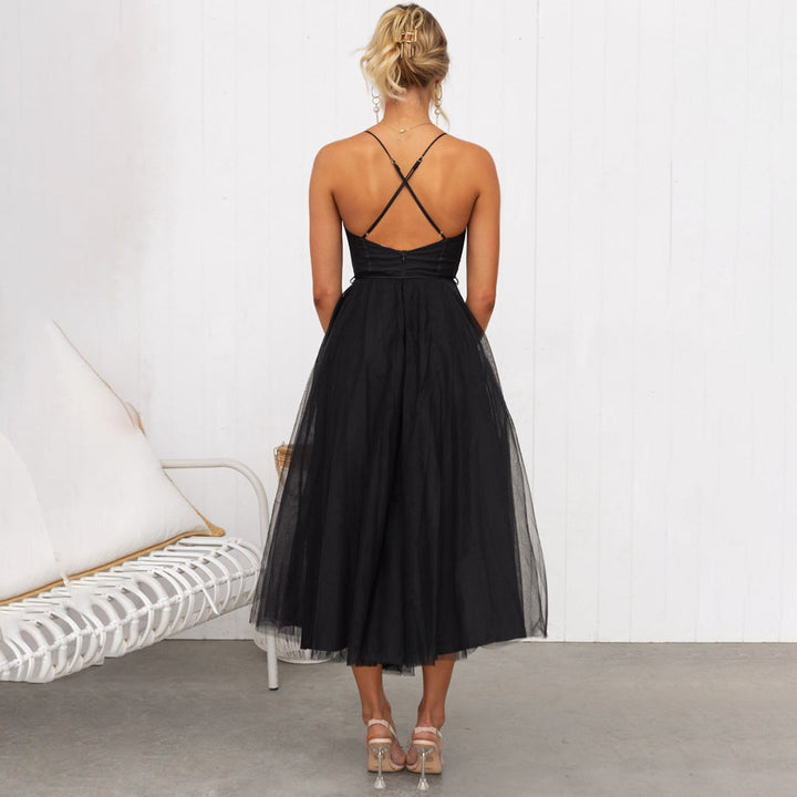 Women’s Midi Dress - Fitted Bodice - A-Line Silhouette - Sheer Overlay