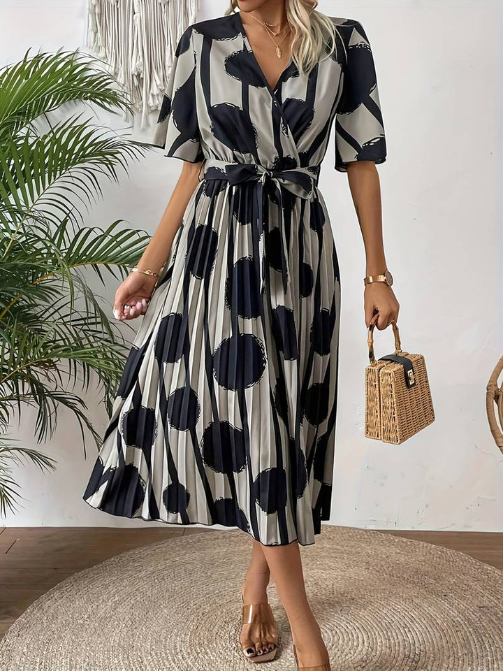 Women's Midi Dress - Polka Dot Print - V-Neck Wrap Style - Belted Waist - Pleated Skirt