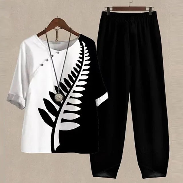 Women’s Two-Piece Set – Relaxed Fit – Breathable Blend – Short Sleeve Top & Wide-Leg Pants
