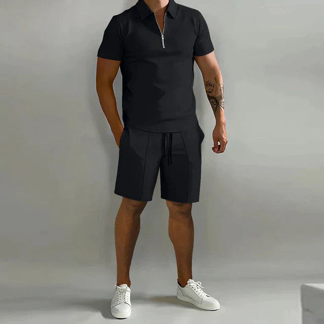 Men’s Polo and Shorts Set – Slim Fit Top – Relaxed Fit Bottom – Zipper Collar – Breathable Blend