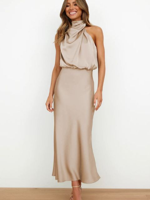 Women's Sleeveless Halter Dress - Elegant Satin - Fitted Waist - Formal Evening Wear