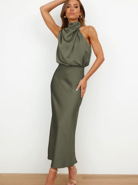 Women's Sleeveless Halter Dress - Elegant Satin - Fitted Waist - Formal Evening Wear