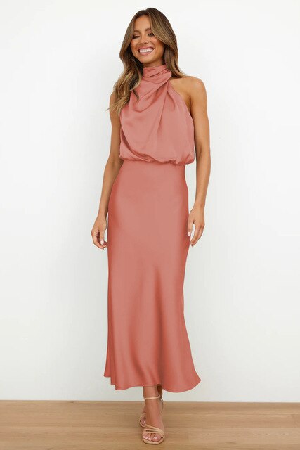 Women's Sleeveless Halter Dress - Elegant Satin - Fitted Waist - Formal Evening Wear