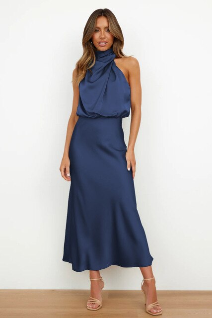 Women's Sleeveless Halter Dress - Elegant Satin - Fitted Waist - Formal Evening Wear