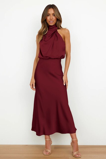 Women's Sleeveless Halter Dress - Elegant Satin - Fitted Waist - Formal Evening Wear